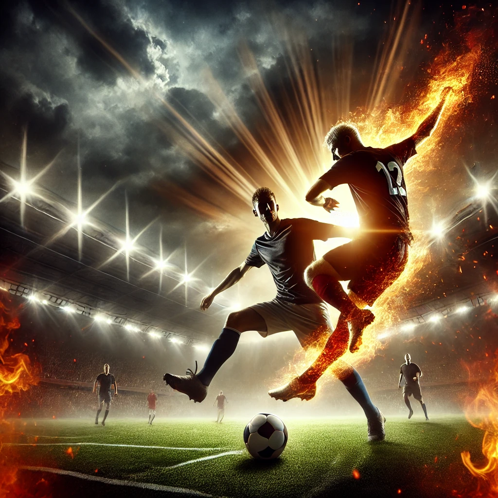 DALL·E 2024-10-15 17.12.30 - Create an image capturing the intensity of a football match, with two players in action fighting for the ball. The scene should be dramatic, filled wi