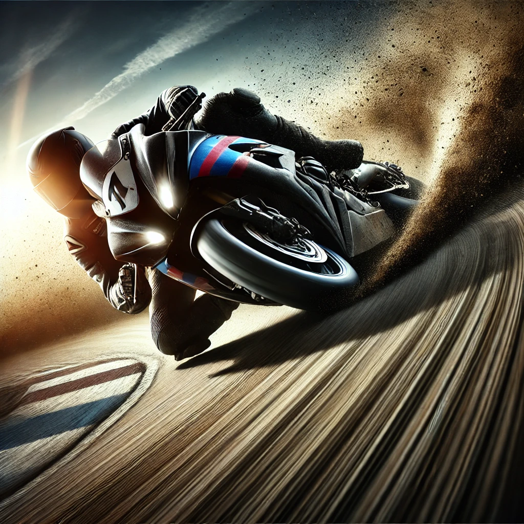 DALL·E 2024-10-15 17.12.39 - Create an image of a high-speed motorbike race in full action, with a rider leaning into a turn on a track. The bike is kicking up dirt and dust, emph