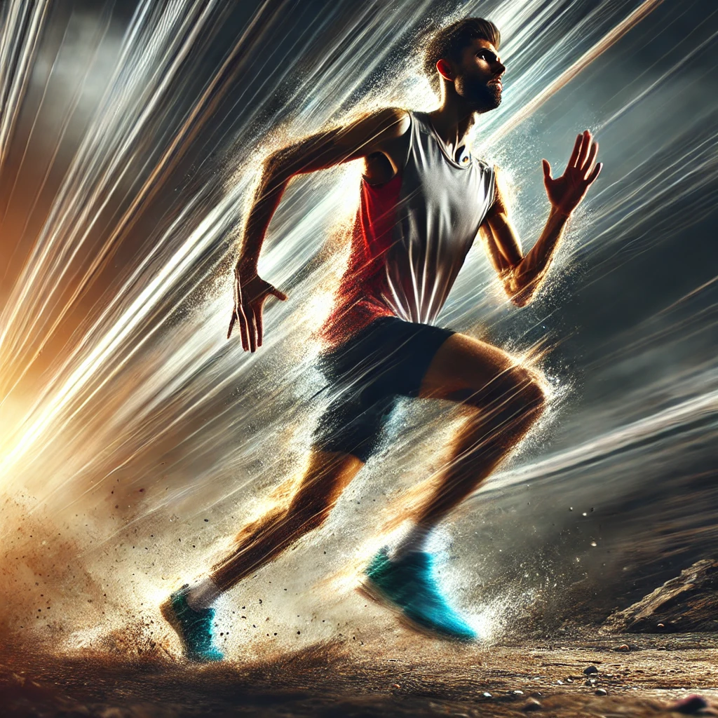 DALL·E 2024-10-15 17.12.42 - Create an image of a marathon runner mid-stride, running through a challenging terrain. The runner is focused, with intense motion effects showcasing