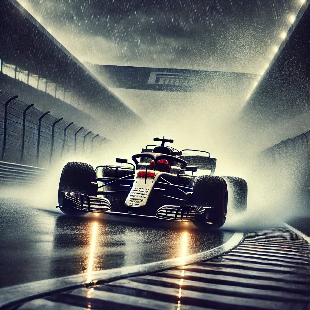 DALL·E 2024-10-15 17.12.47 - Create an image of a Formula One car speeding through a wet track on a rainy day. The car should be in motion, with water spray coming off the tires,