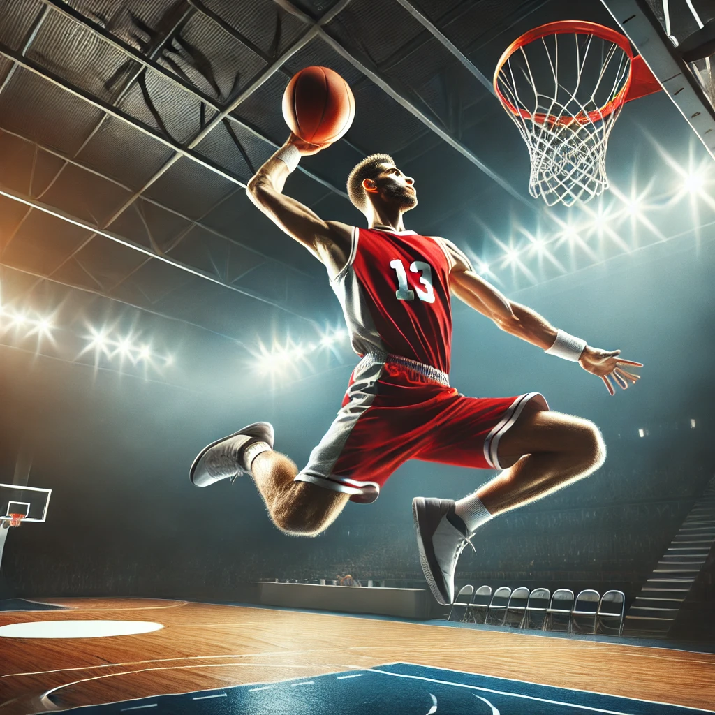 DALL·E 2024-10-15 17.12.55 - Create a realistic image of a basketball player mid-air while performing a slam dunk. The player should be shown in action, with realistic lighting an