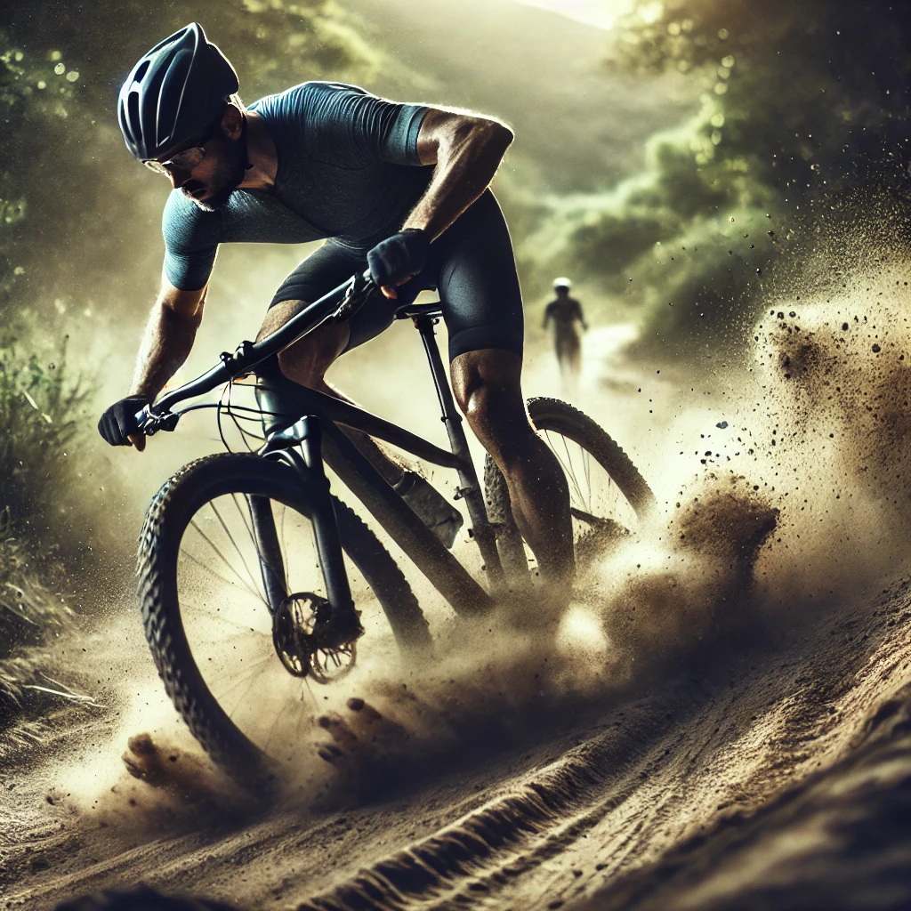 DALL·E 2024-10-15 17.13.50 - Create a realistic image of a cyclist racing through a challenging trail. The cyclist should be shown in motion, with dust or dirt being kicked up, em